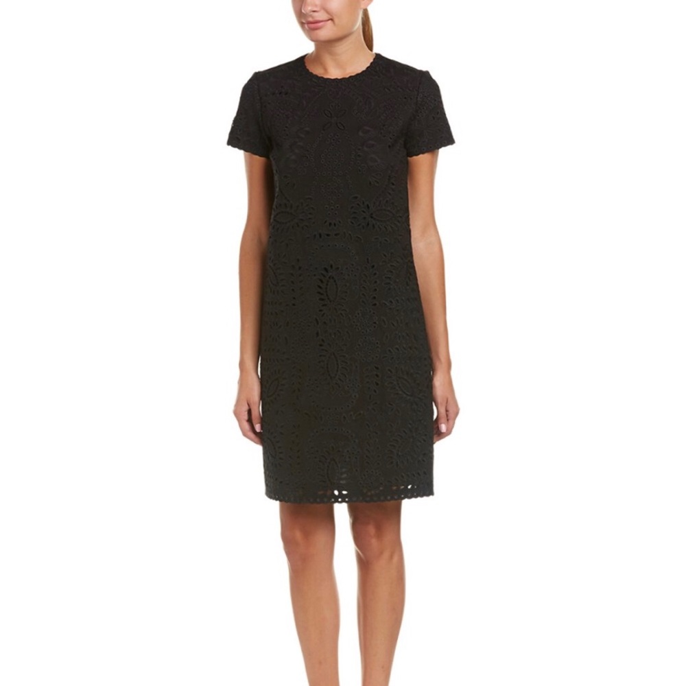 J. Mclauglin Dress L Black Short Sleeve Scallop Embroidered Office Siren Career